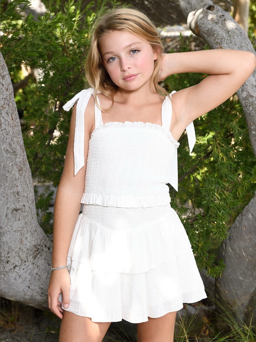 Katie J NYC White Smocked Tie-Strap Tiered Dress